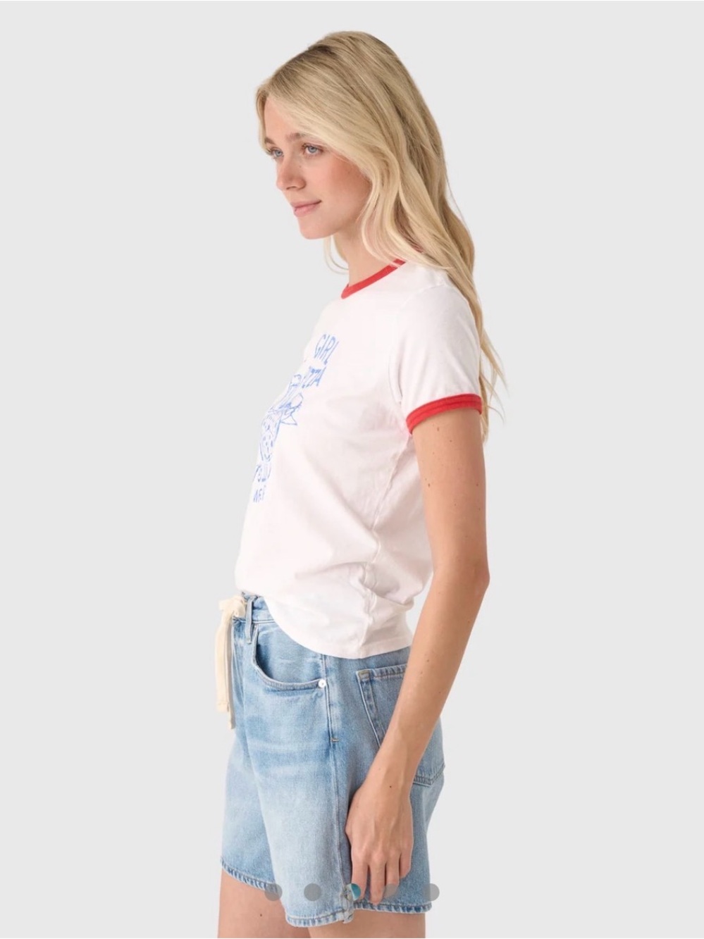 MOTHER White 'City Girl Pizza' The Lil’ Goodie Graphic Ringer Tee with Red Trim - Picture 5 of 7